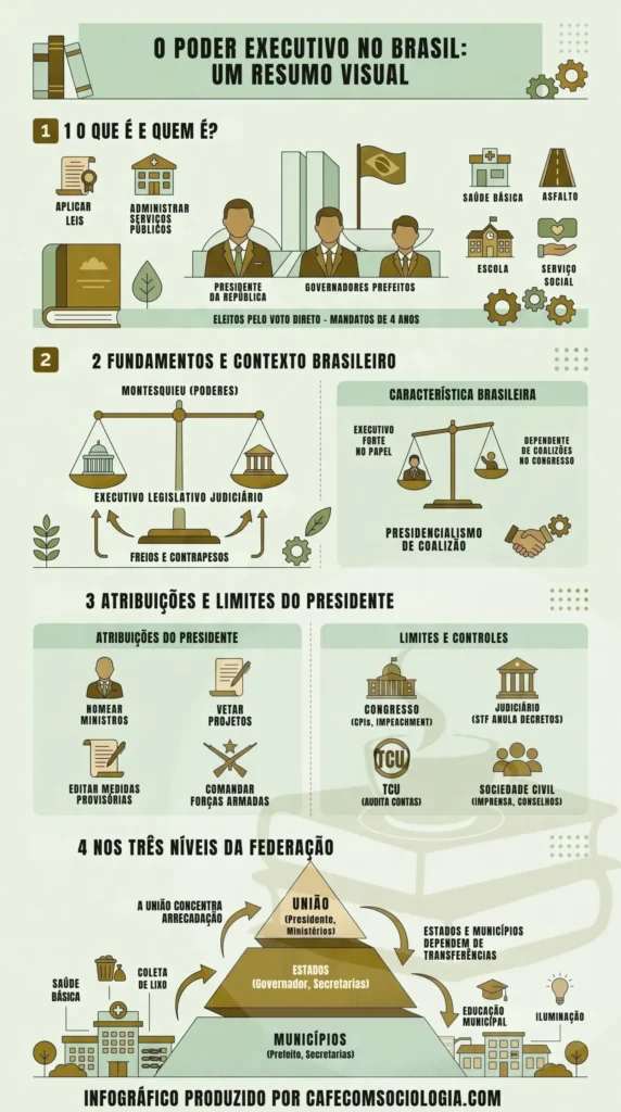Estrutura do poder executivo brasileiro Infográfico da estrutura do poder executivo no Brasil com presidente, ministérios, governadores e prefeitos