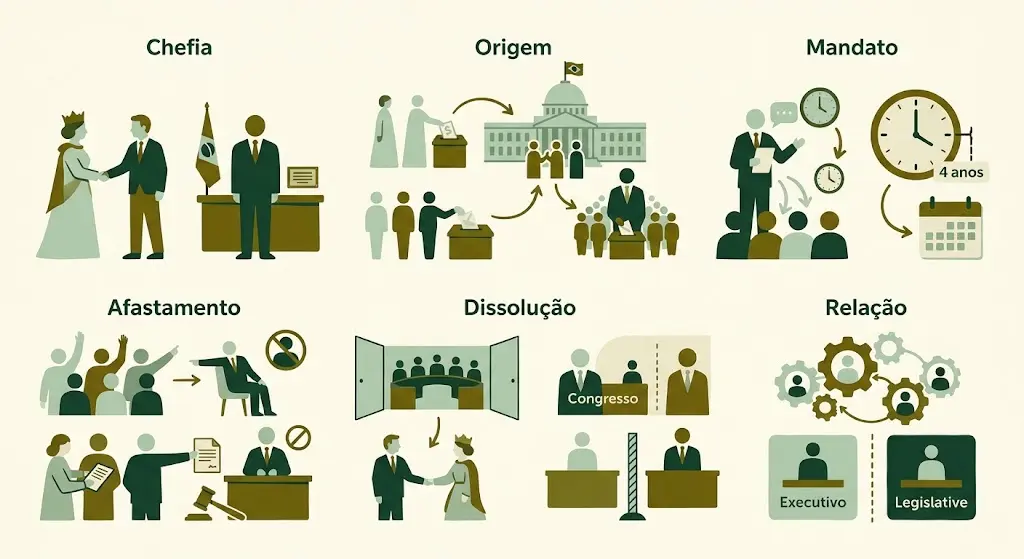 Parlamentarismo e presidencialismo: 6 diferenças essenciais 2 Ilustração em flat design das seis diferenças entre parlamentarismo e presidencialismo, em seis pares de ícones