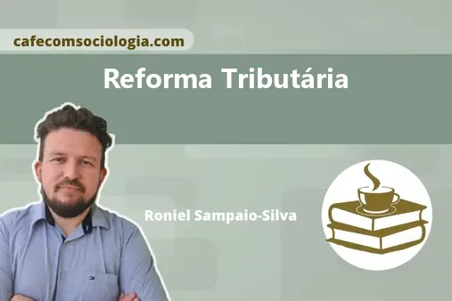 Ilustração conceitual de uma balança com moedas e um prédio público, representando a reforma tributária e a distribuição de recursos.