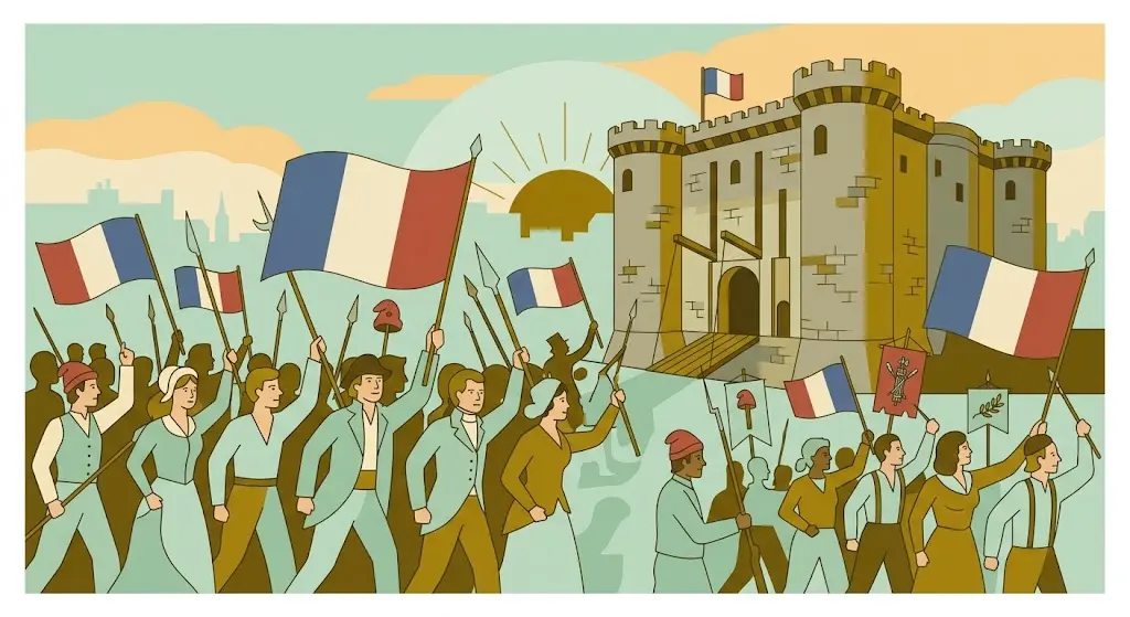 Revolução Francesa — multidão estilizada marchando para a Bastilha com bandeiras tricolores