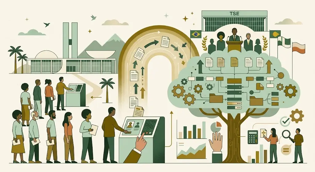 Sistema eleitoral brasileiro em flat design: sete ícones numerados mostram as regras do voto, da urna ao Congresso