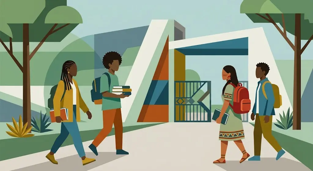 Ilustração em flat design sobre cotas raciais: estudantes negros, indígenas e quilombolas chegando a uma universidade pública