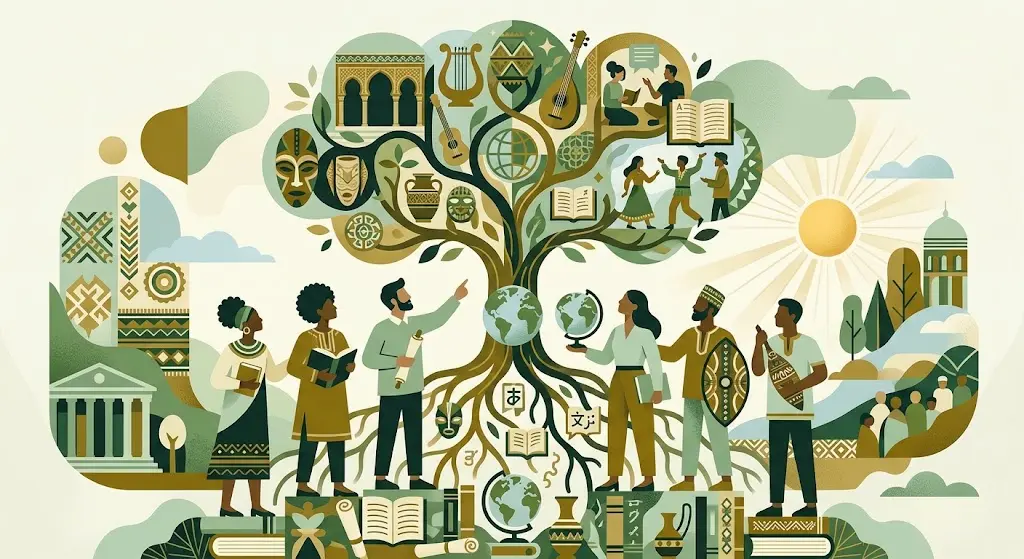 Ilustração flat de cultura e identidade: dois círculos sobrepostos ligados a sete figuras que representam os autores