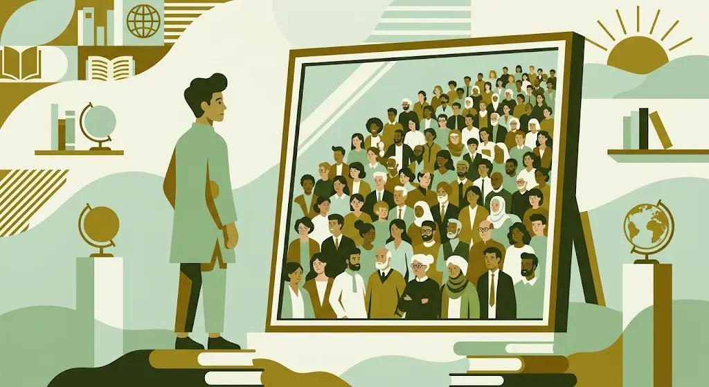 Ilustração conceitual sobre cultura e identidade: silhueta humana preenchida por padrões culturais variados