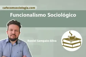 Ilustração conceitual de funcionalismo sociológico com colmeia e ícones de instituições sociais interligadas