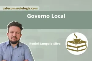 Ilustração conceitual do governo local com prédio da prefeitura cercado por serviços municipais como escola, hospital e transporte.