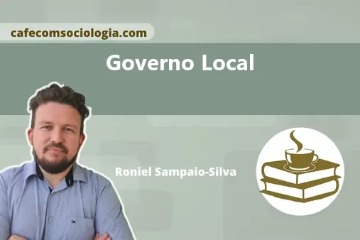 Ilustração conceitual do governo local com prédio da prefeitura cercado por serviços municipais como escola, hospital e transporte.