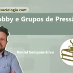 Ilustração conceitual sobre lobby e grupos de pressão: figuras geométricas ao redor de uma mesa com prédio do governo ao fundo.