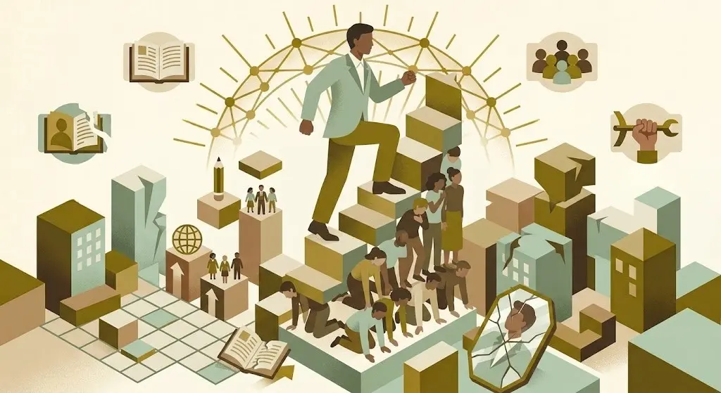 Ilustração flat com as 7 características do neoliberalismo, do Estado que cria mercados ao sujeito empresário de si