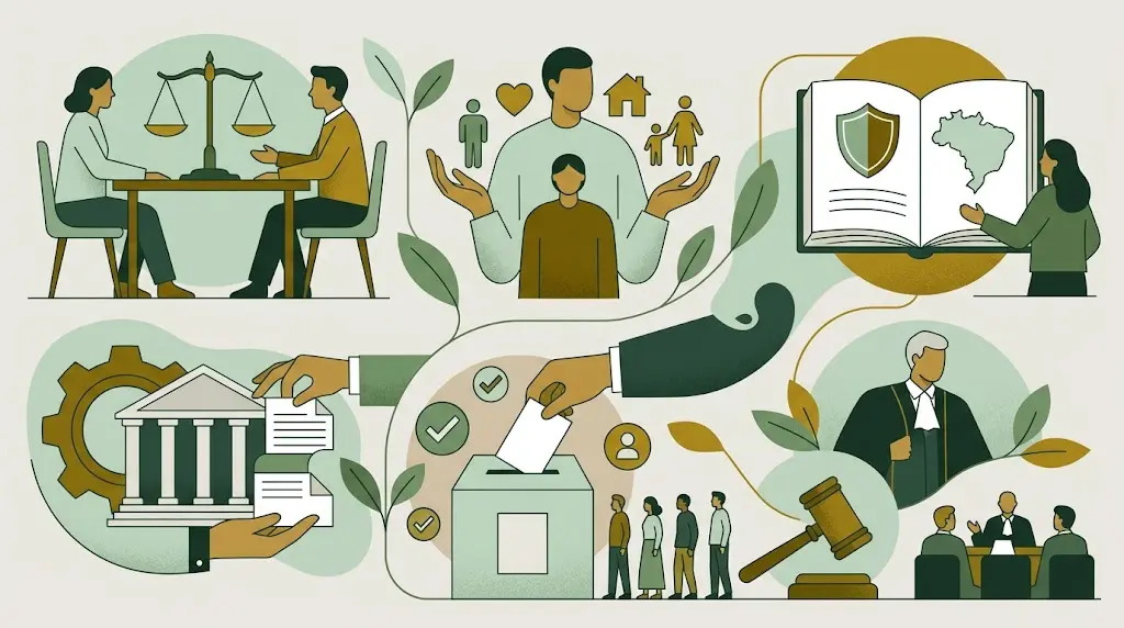 Poder Judiciário: 7 funções e desafios no Brasil 2 Ilustração flat das 6 funções do poder judiciário: conflitos, direitos, Constituição, administração, eleições e autogoverno
