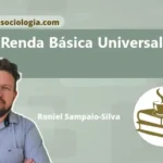 Ilustração conceitual de renda básica universal mostrando pessoas ao redor de uma moeda circular, simbolizando distribuição de renda.