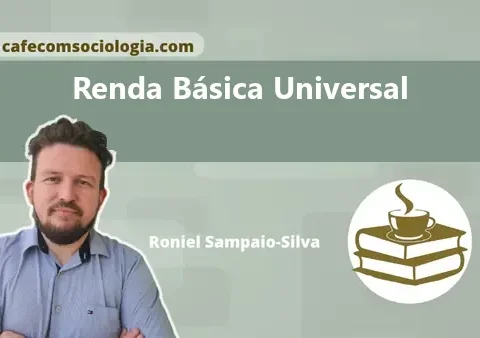 Ilustração conceitual de renda básica universal mostrando pessoas ao redor de uma moeda circular, simbolizando distribuição de renda.